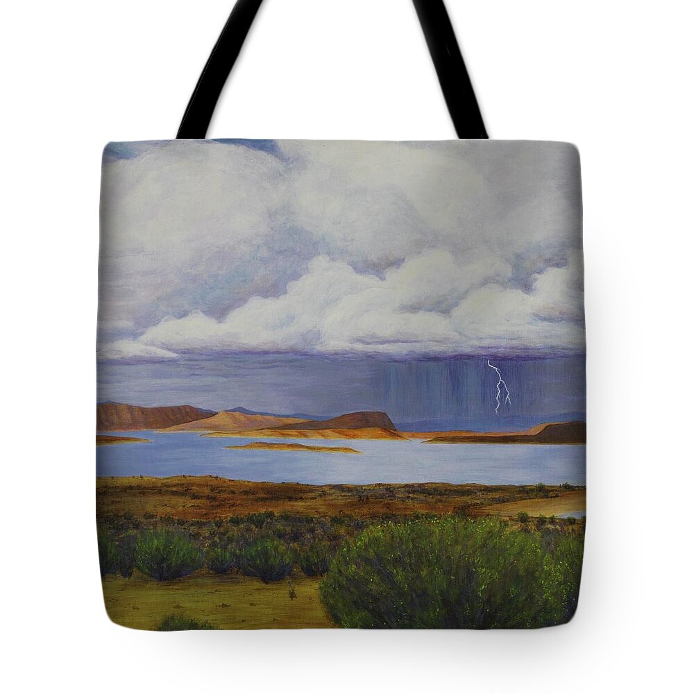 Kim Mcclinton Tote Bag featuring the painting Storm at Lake Powell- center panel of three by Kim McClinton