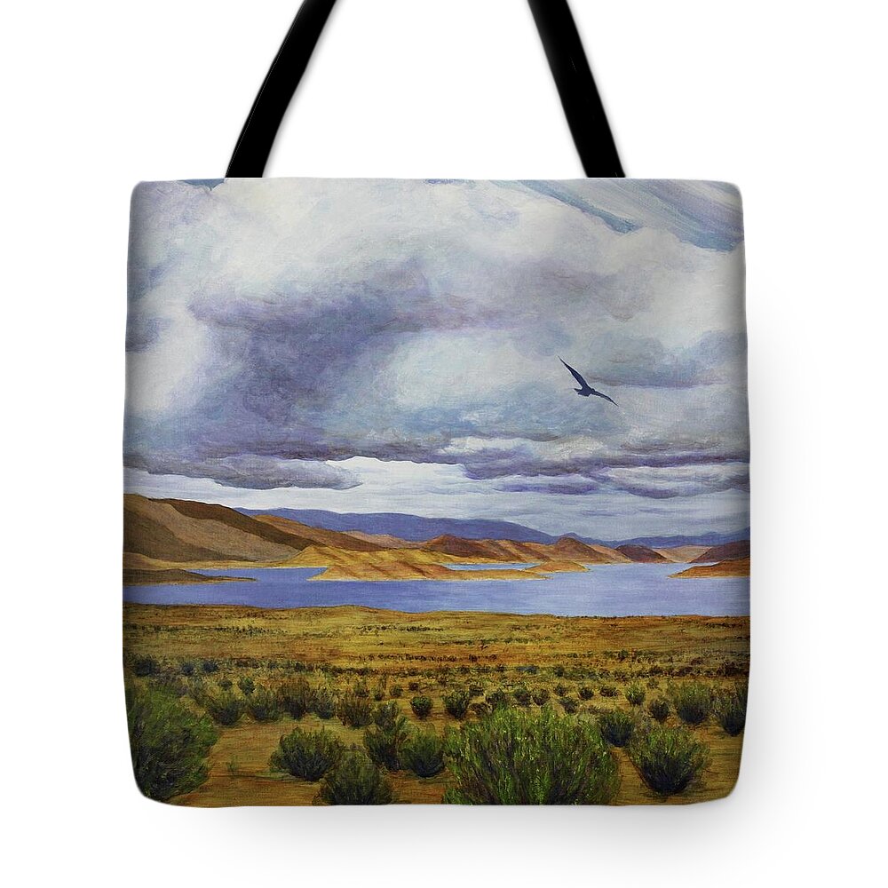 Kim Mcclinton Tote Bag featuring the painting Storm at Lake Powell- left panel of three by Kim McClinton