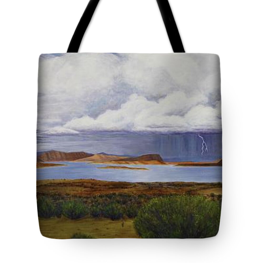 Kim Mcclinton Tote Bag featuring the painting Storm at Lake Powell- panorama by Kim McClinton