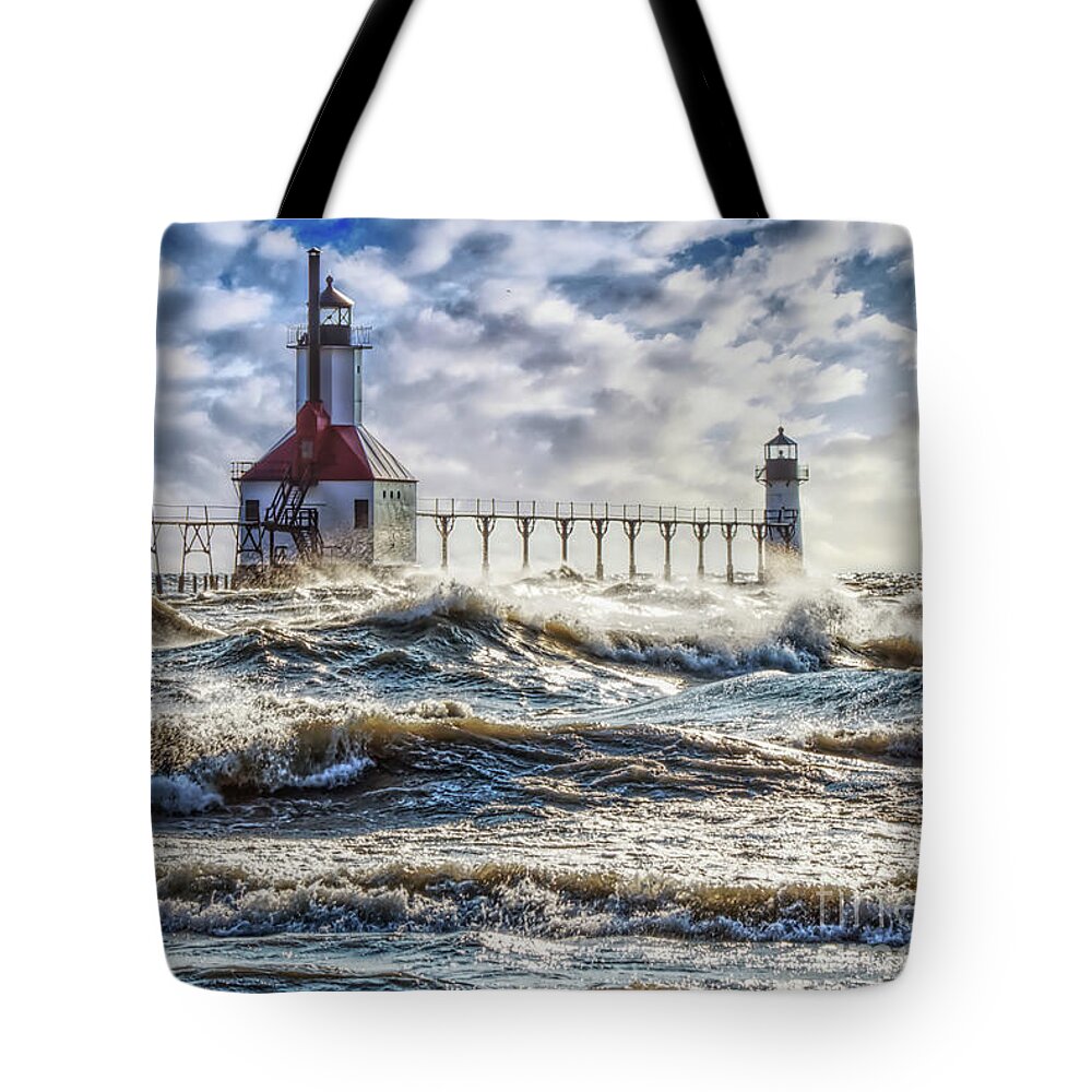 Lighthouse Tote Bag featuring the photograph Storm At St Joseph Lighthouse by Jennifer White