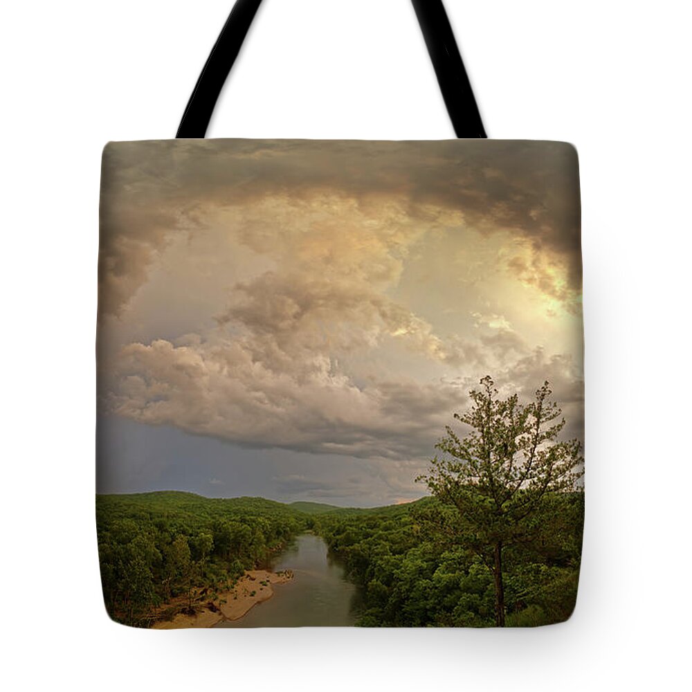 Storm Tote Bag featuring the photograph Storm pass over the Current River by Robert Charity