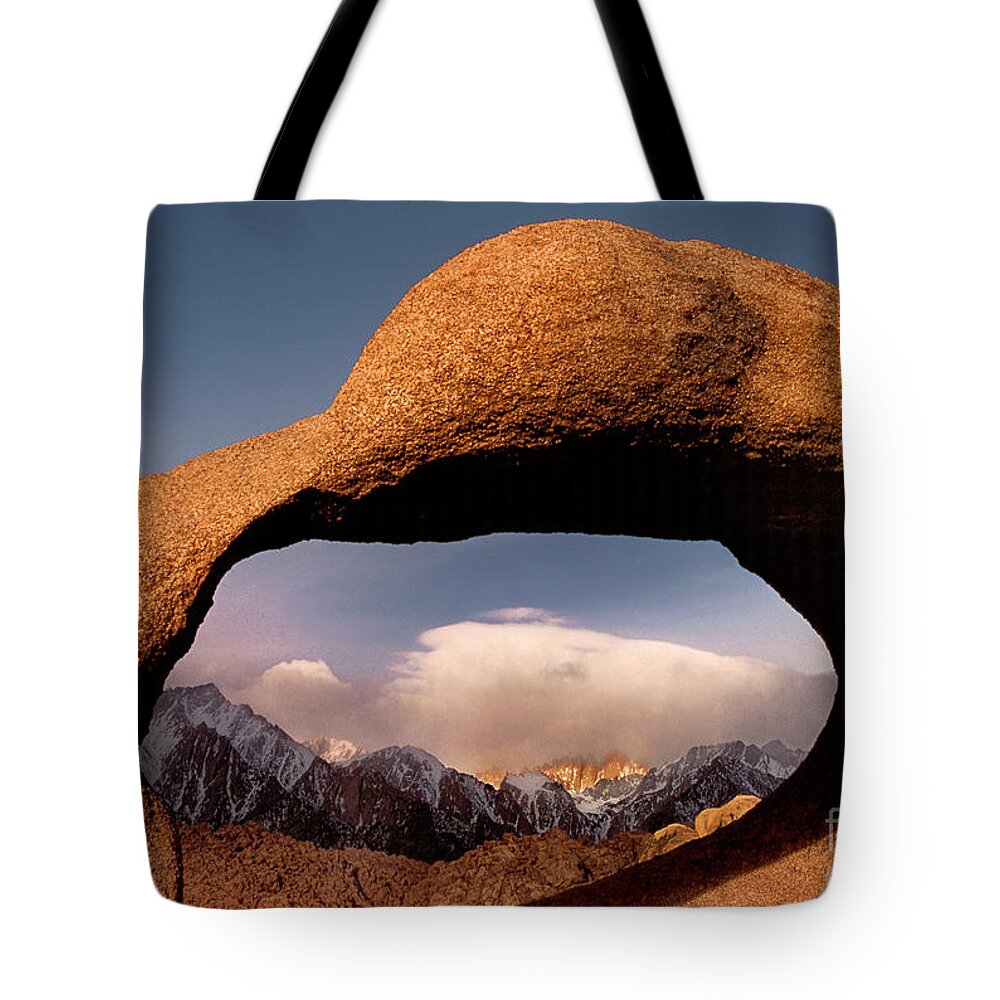 Dave Welling Tote Bag featuring the photograph Storm Through Mobius Arch Alabama Hills California by Dave Welling