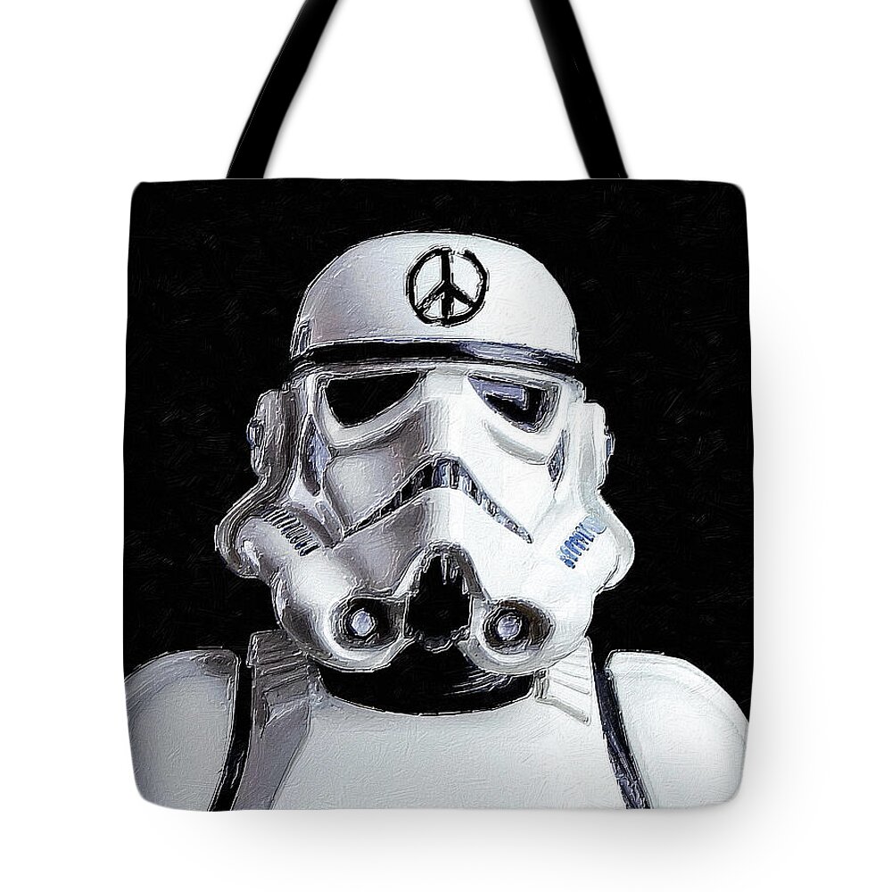Storm Trooper Tote Bag featuring the painting Storm Trooper Star Wars Peace by Tony Rubino