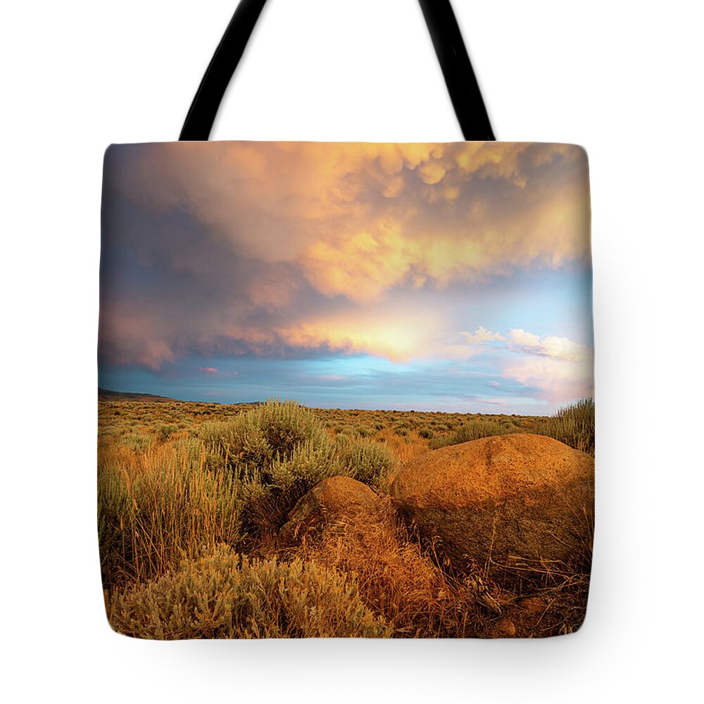 Sunset Tote Bag featuring the photograph Stormy High Desert Sunset by Ron Long Ltd Photography