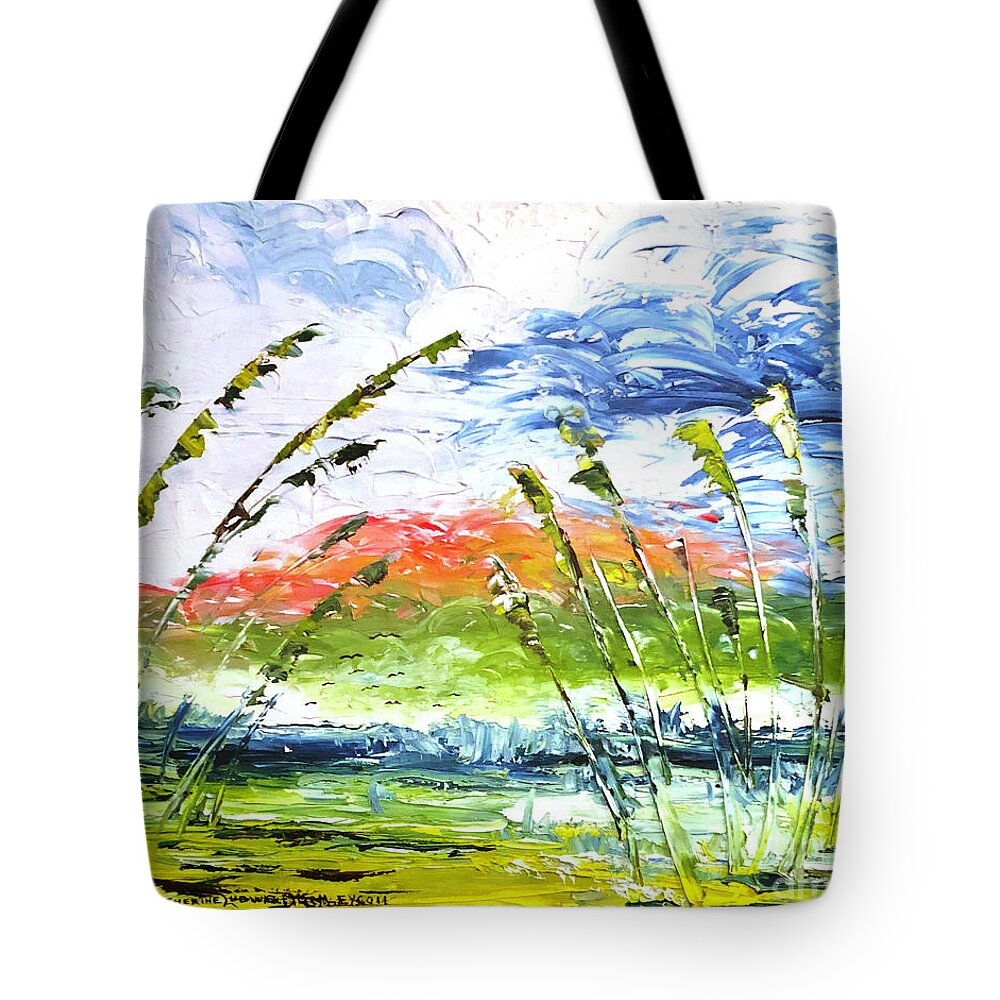 Wave Painting Tote Bag featuring the painting Waves and Sea Oats -- Abstract Oil Painting by Catherine Ludwig Donleycott