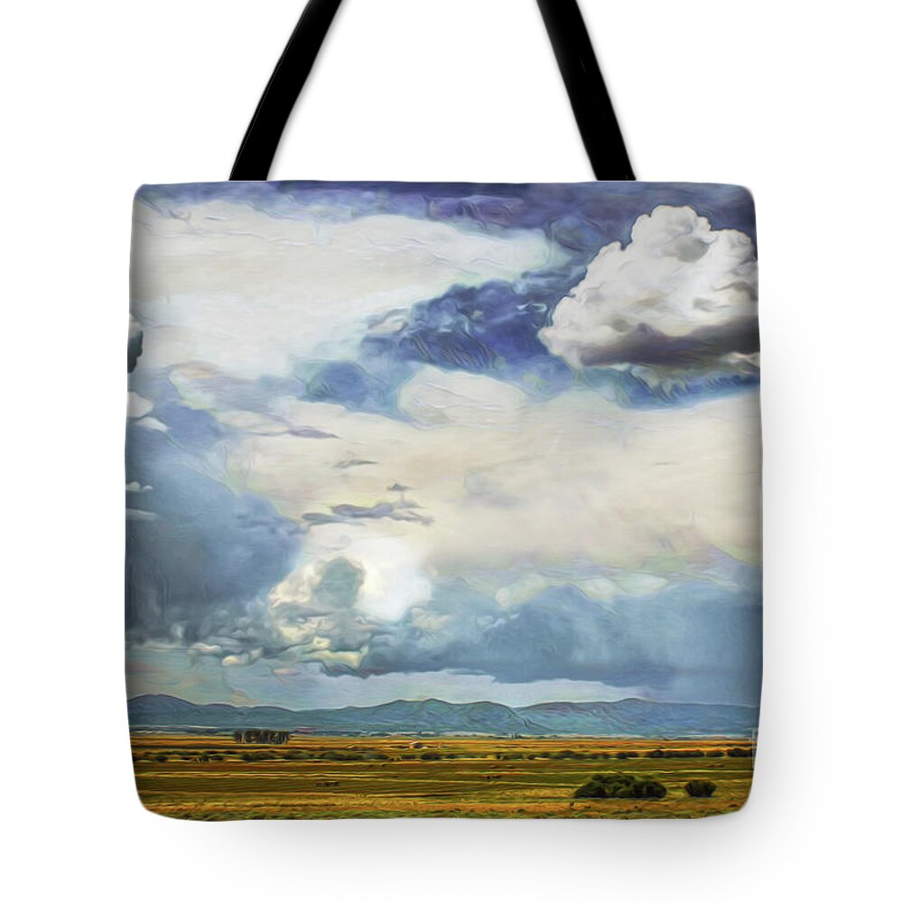 Rain Clouds Tote Bag featuring the digital art Stormy Skies over Farmland by Susan Vineyard
