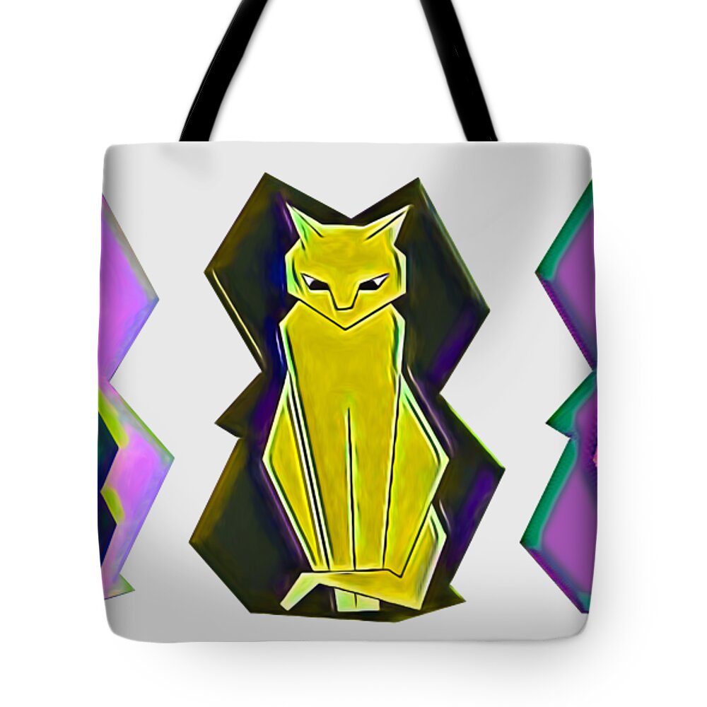 Cats Tote Bag featuring the digital art Straight Line Cat Triptych by John Haldane