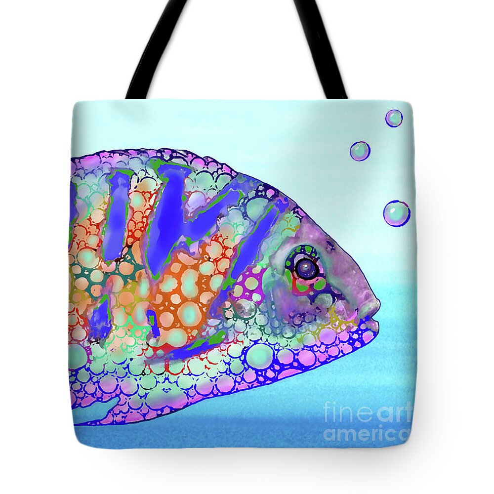 Fish Tote Bag featuring the mixed media Strange Fish Design 183 by Lucie Dumas