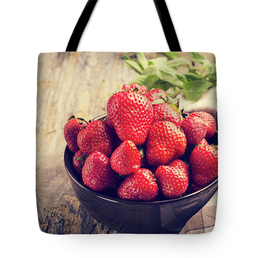 Strawberry Tote Bag featuring the photograph Strawberries in bowl by Jelena Jovanovic