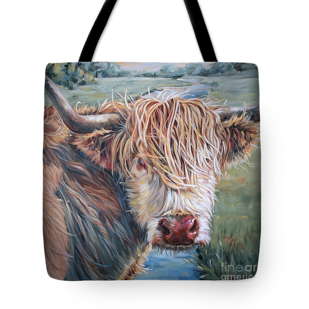 Cow Tote Bag featuring the painting Stray Hair - Highland Cow Painting by Annie Troe