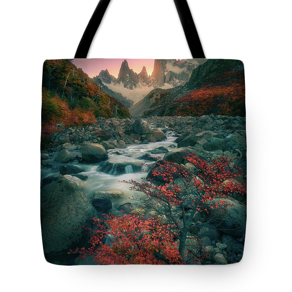 Fitz Roy Tote Bag featuring the photograph Stream under the peaks by Henry w Liu