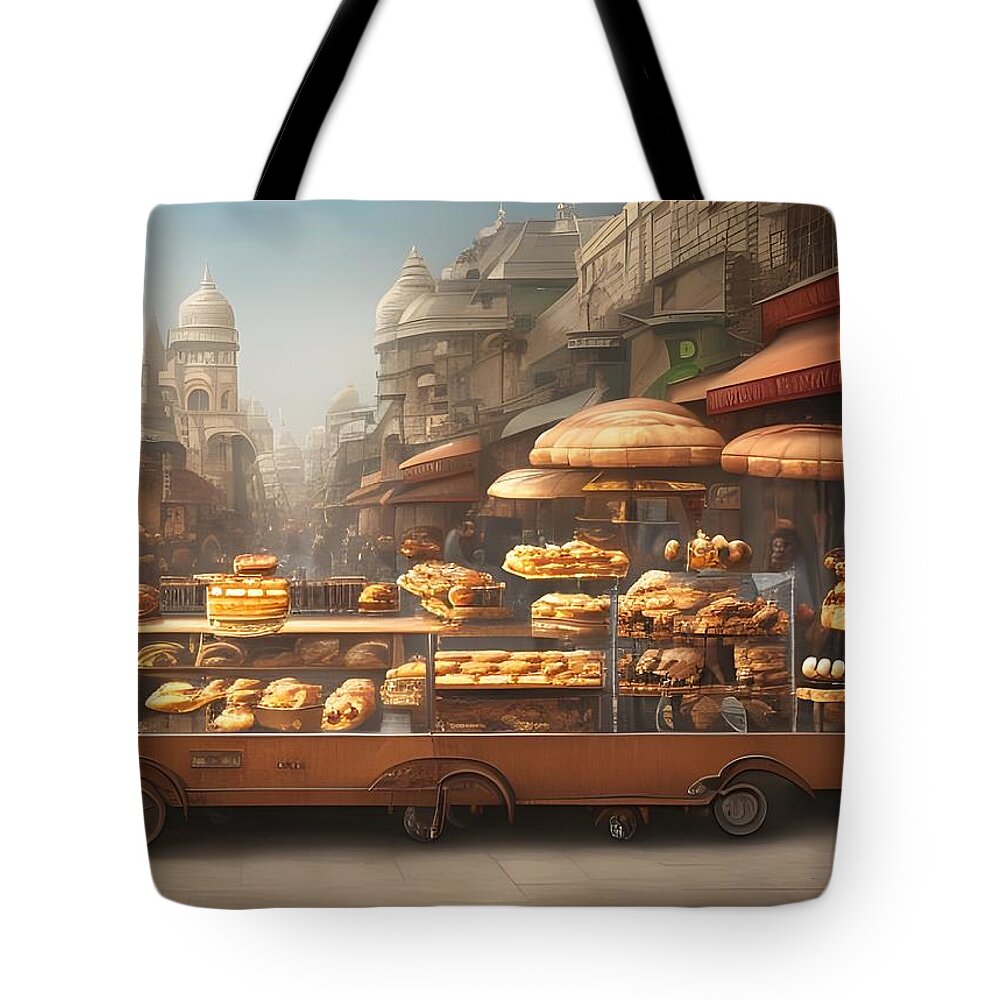 Digital Bread Pastry Cart Vendor Tote Bag featuring the digital art Street Pastry Cart by Beverly Read