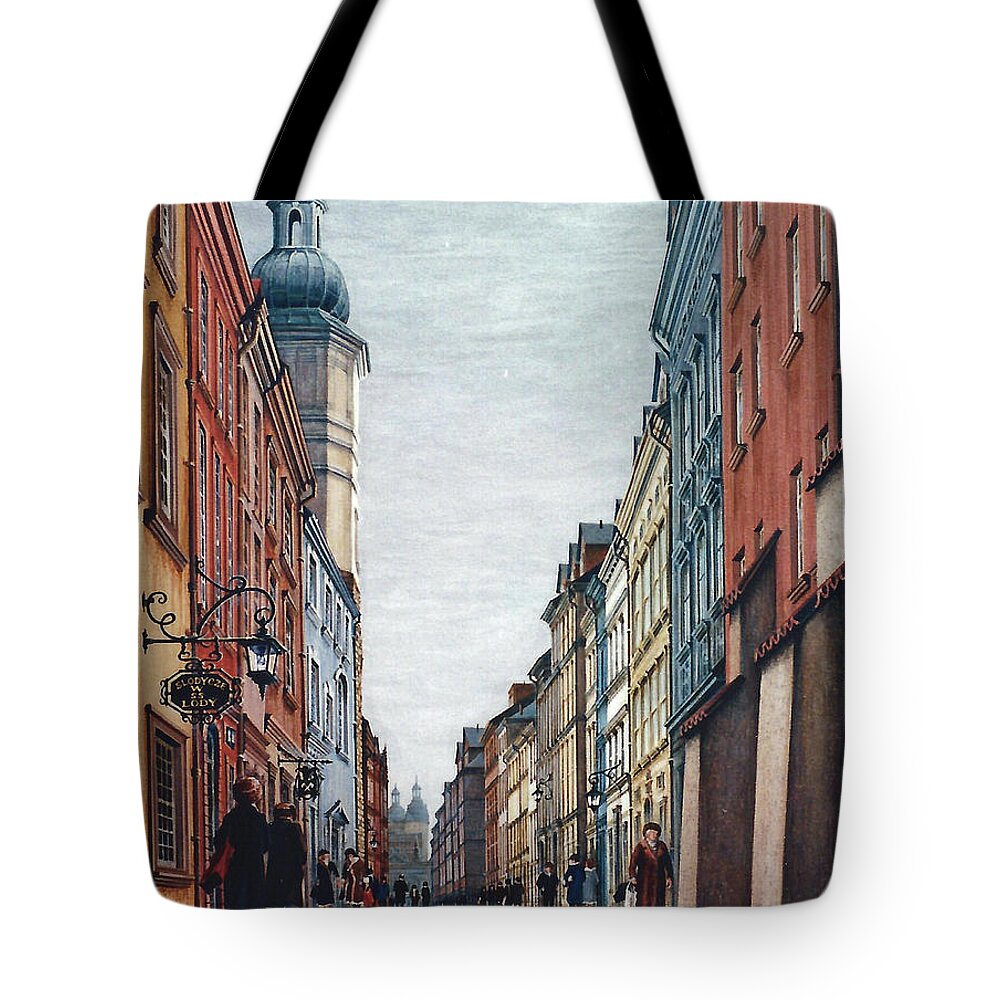 Cityscape Tote Bag featuring the painting Street Scene, Warsaw, Poland by George Lightfoot