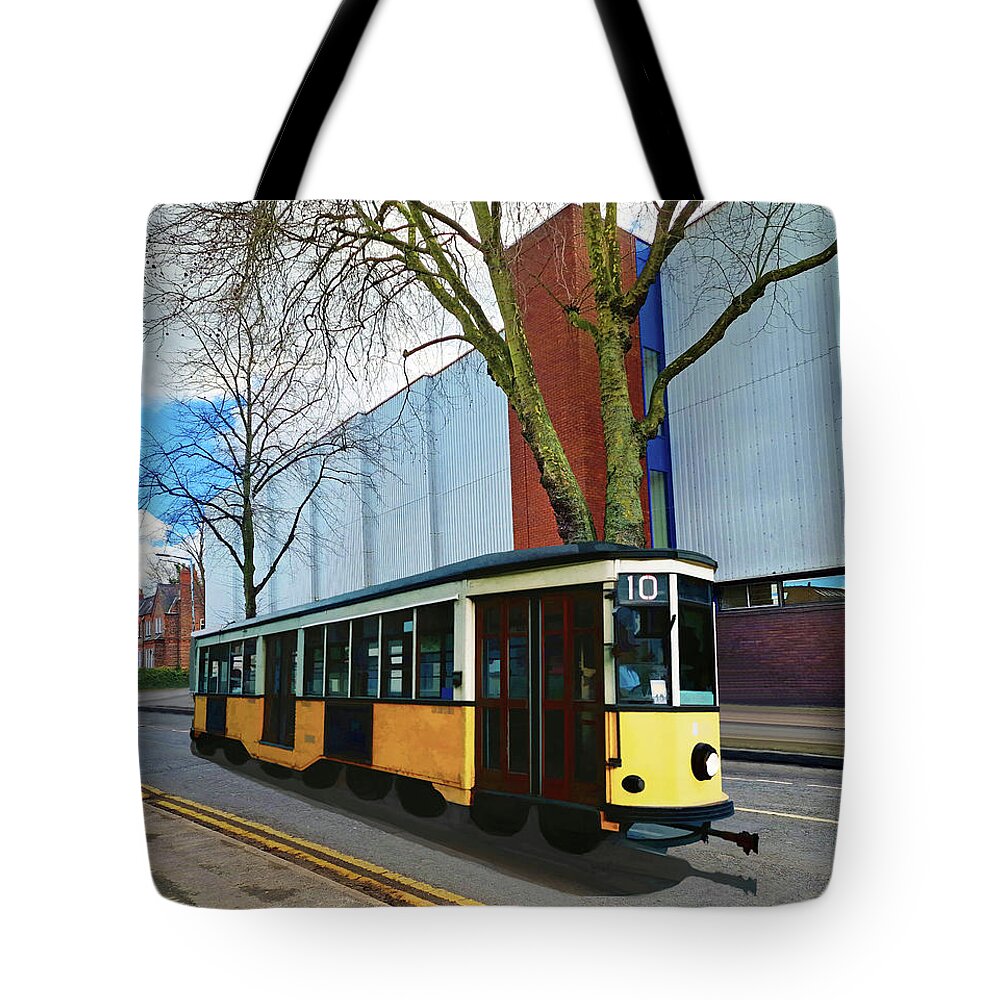 Streetcar Tote Bag featuring the mixed media Streetcar Near The Gym by Sandi OReilly