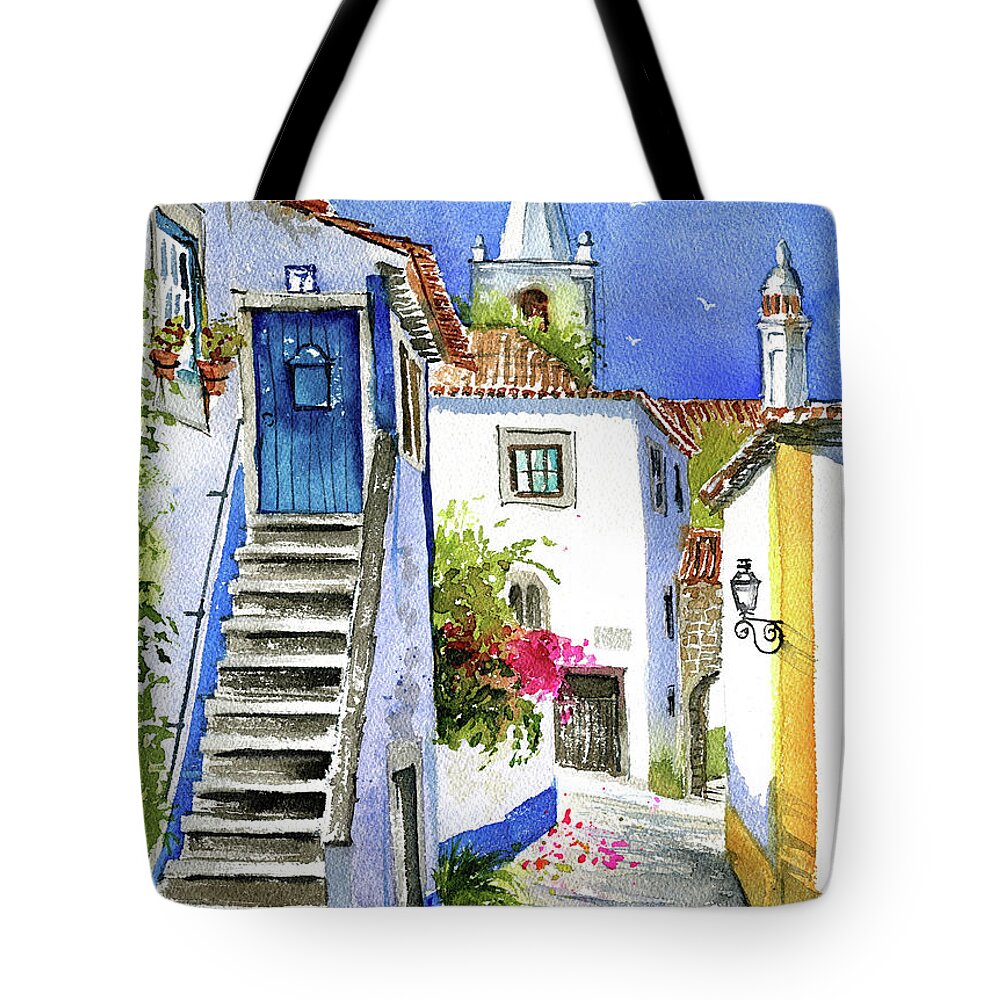 Portugal Tote Bag featuring the painting Streets of Obidos - Portugal by Dora Hathazi Mendes