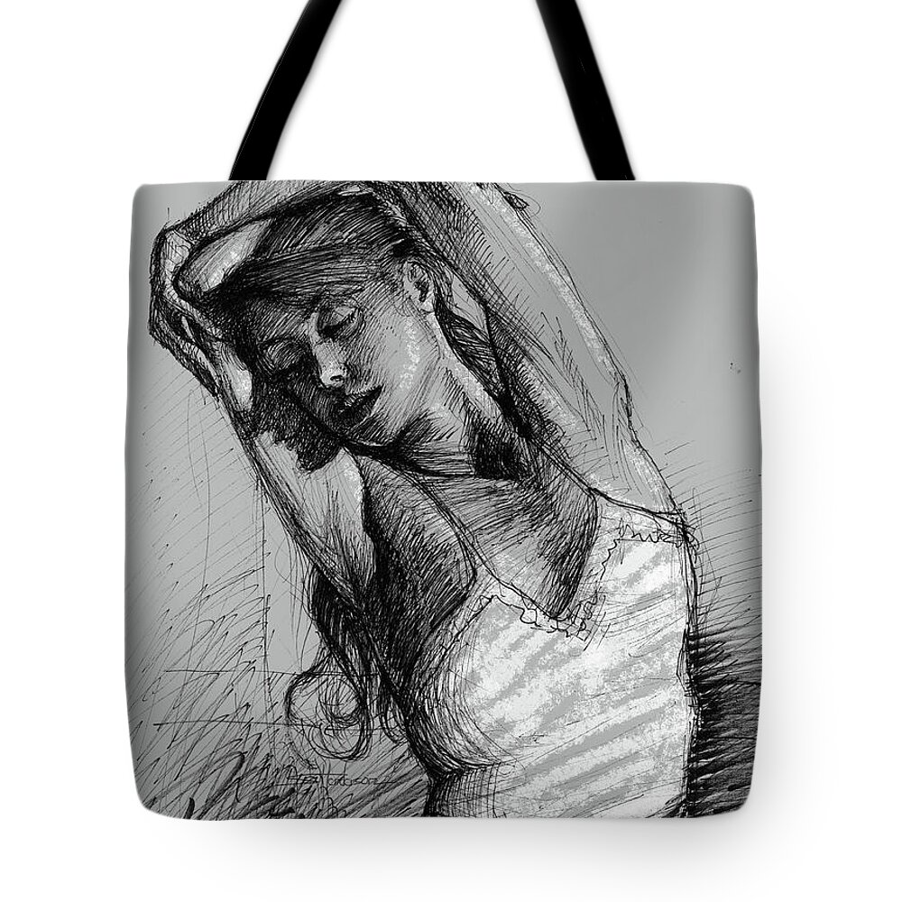 Woman Tote Bag featuring the drawing Stretching by Steve Henderson