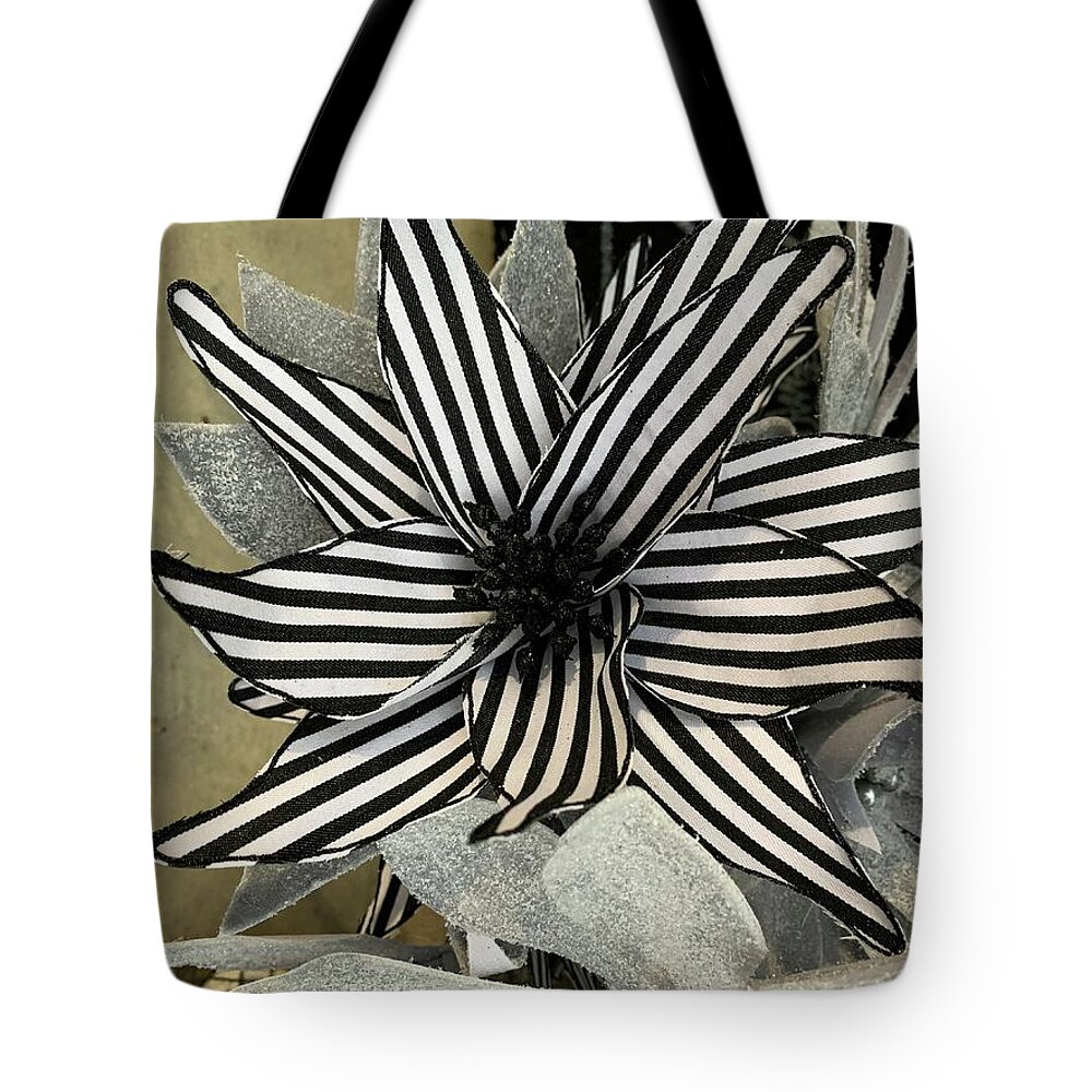 Black & White Tote Bag featuring the photograph Striped Poinsettia by Brenna Woods