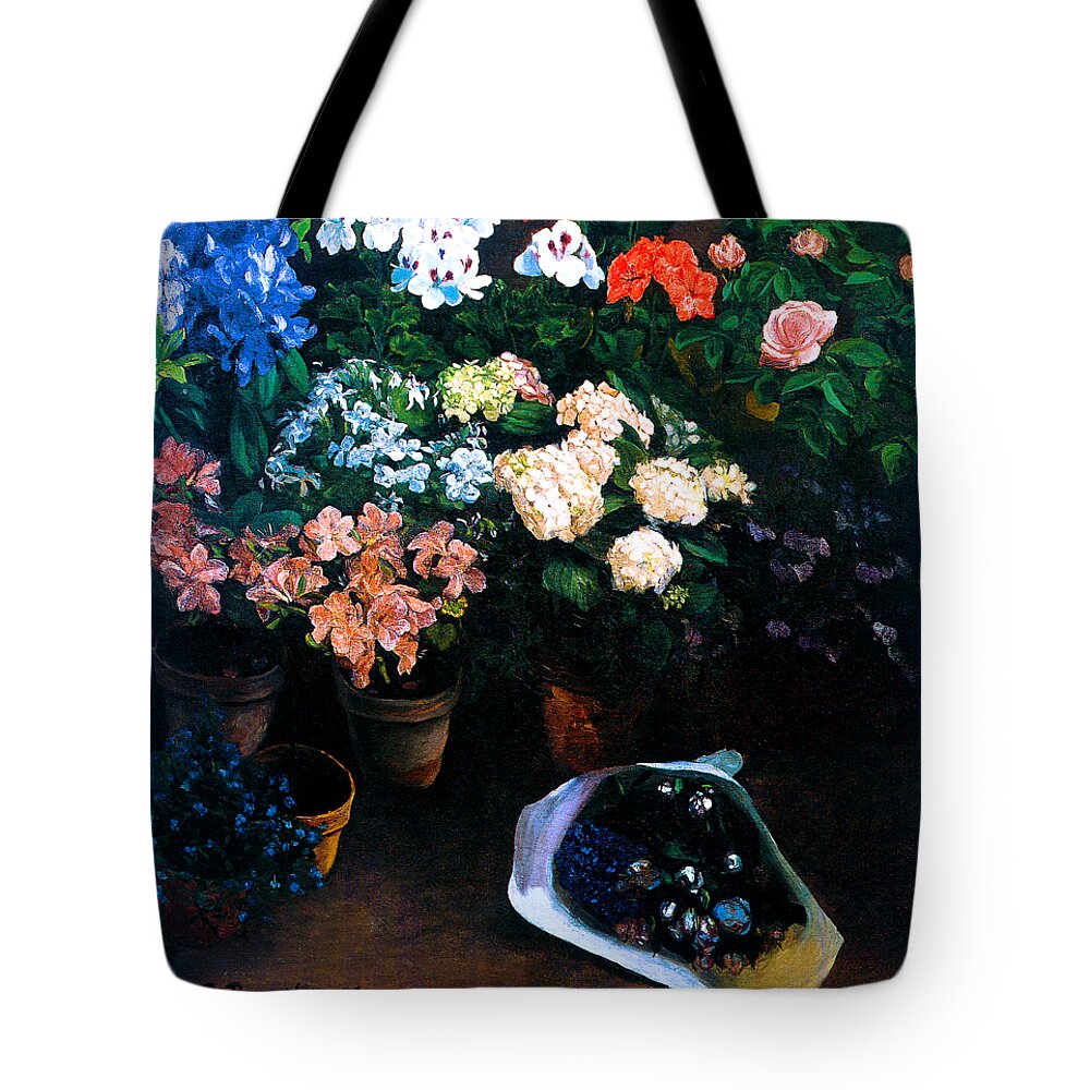 Frederic Tote Bag featuring the painting Study of Flowers 1866 by Frederic Bazille