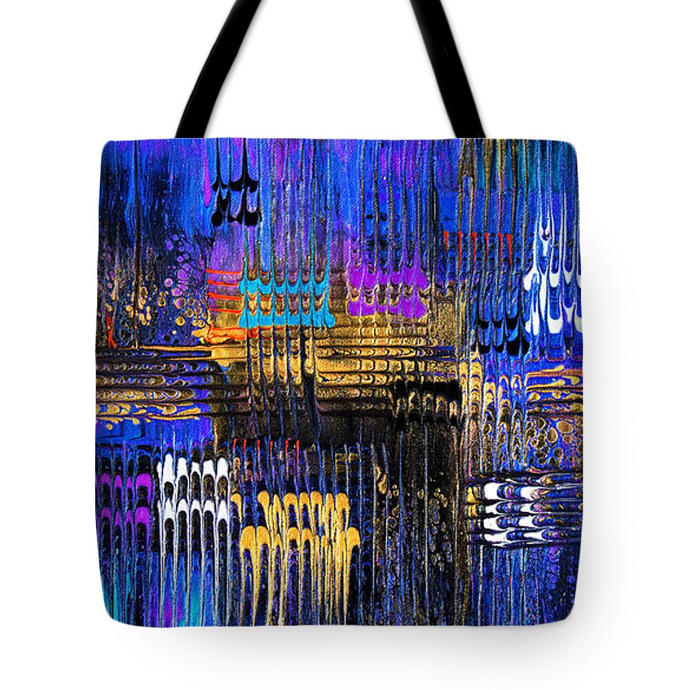 Colorful Dramatic Textural Flowing Blues Blue-hues Purple Gold Yellow Geometric Tote Bag featuring the painting Sublime Abstracted Plaid 6923 by Priscilla Batzell Expressionist Art Studio Gallery