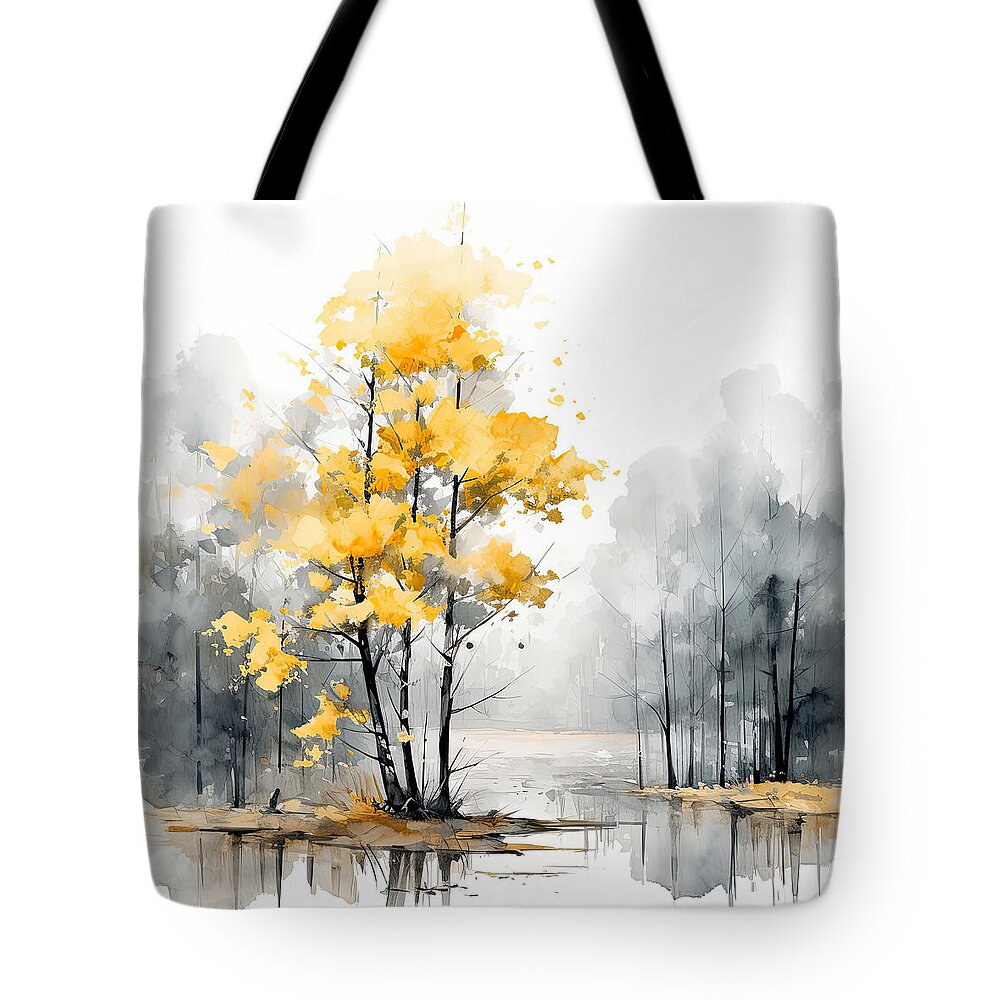 Yellow Tote Bag featuring the painting Subtle Grace - Yellow and Gray Wall Art by Lourry Legarde