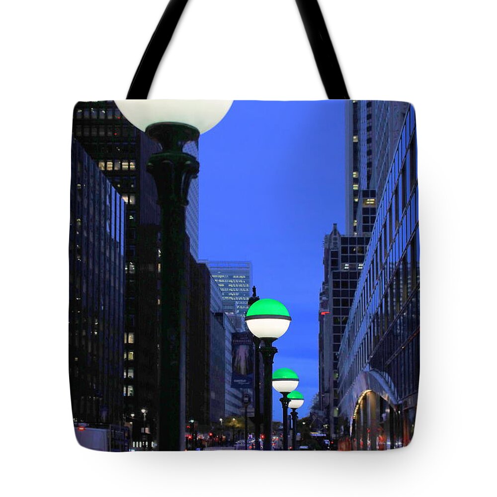 New York City Tote Bag featuring the photograph Subway Globes at Twilight - A Manhattan Impression by Steve Ember