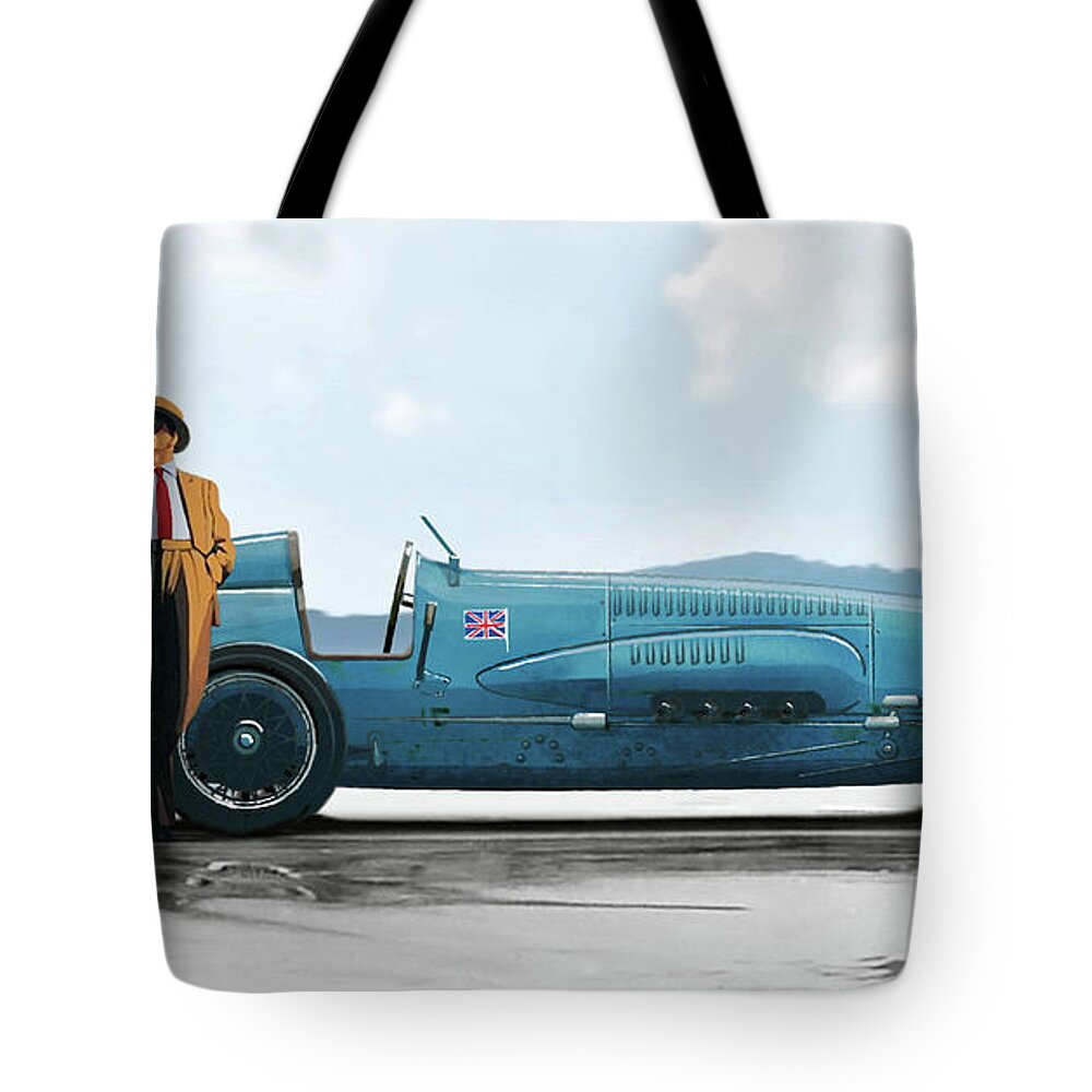 Bluebird Ii Tote Bag featuring the painting Bluebird II, 1928, World Record land speed record at Pendine Sands, Wales, 178.88 mph by Thomas Pollart