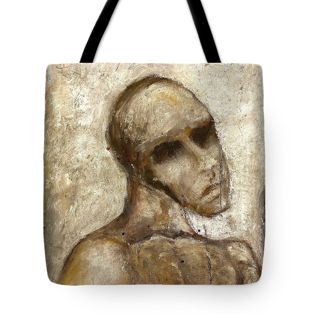 Deliberately Cut Canvas Of Grotesque Reassembled Figure. Tote Bag featuring the painting Suffering by David Euler