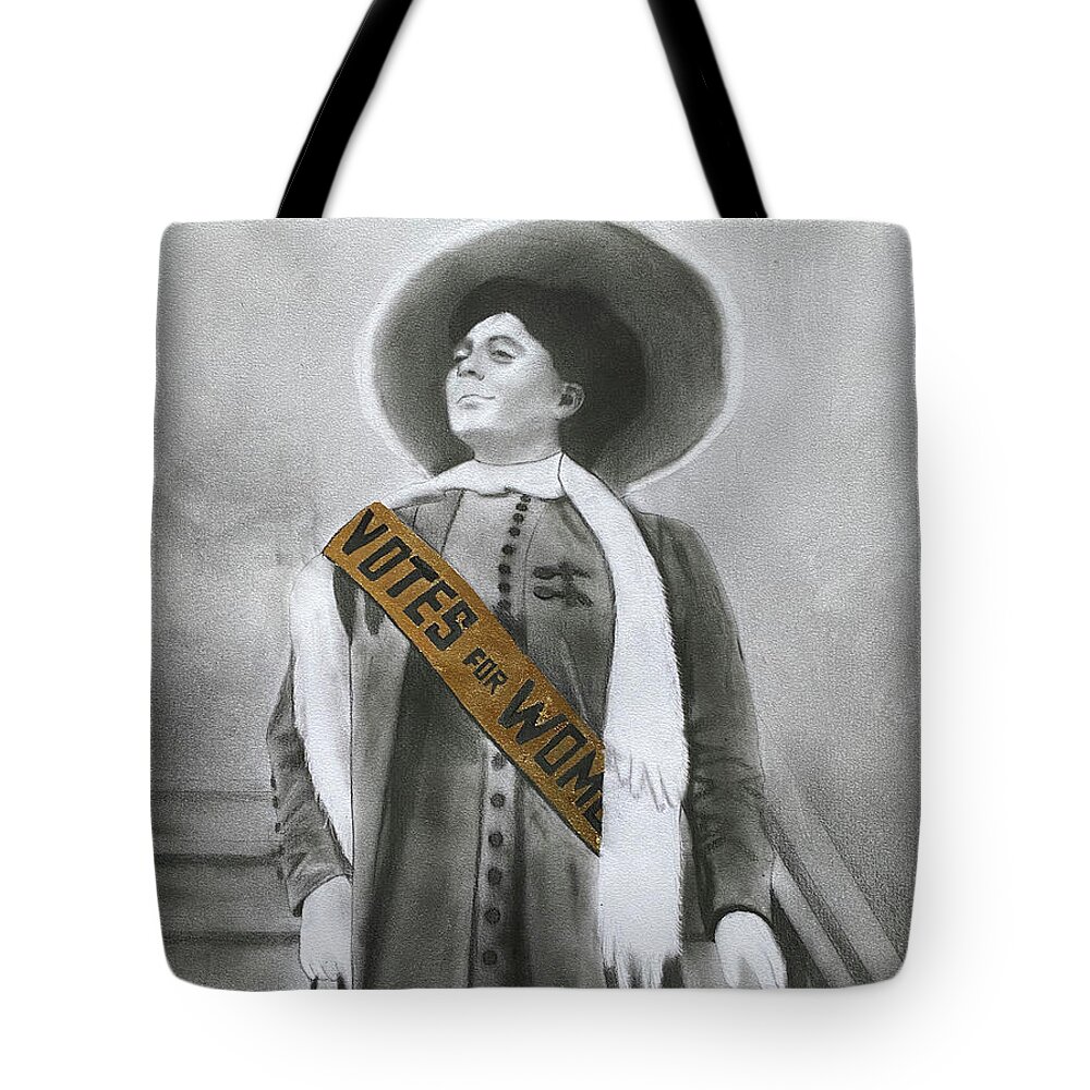 #charcoaldrawing #charcoalpencil #pencildrawing #suffragette #pencilsketch #drawingsketch #votesforwomen #suffrage #votesforwomen #womenart Tote Bag featuring the drawing Suffragette by Nadija Armusik