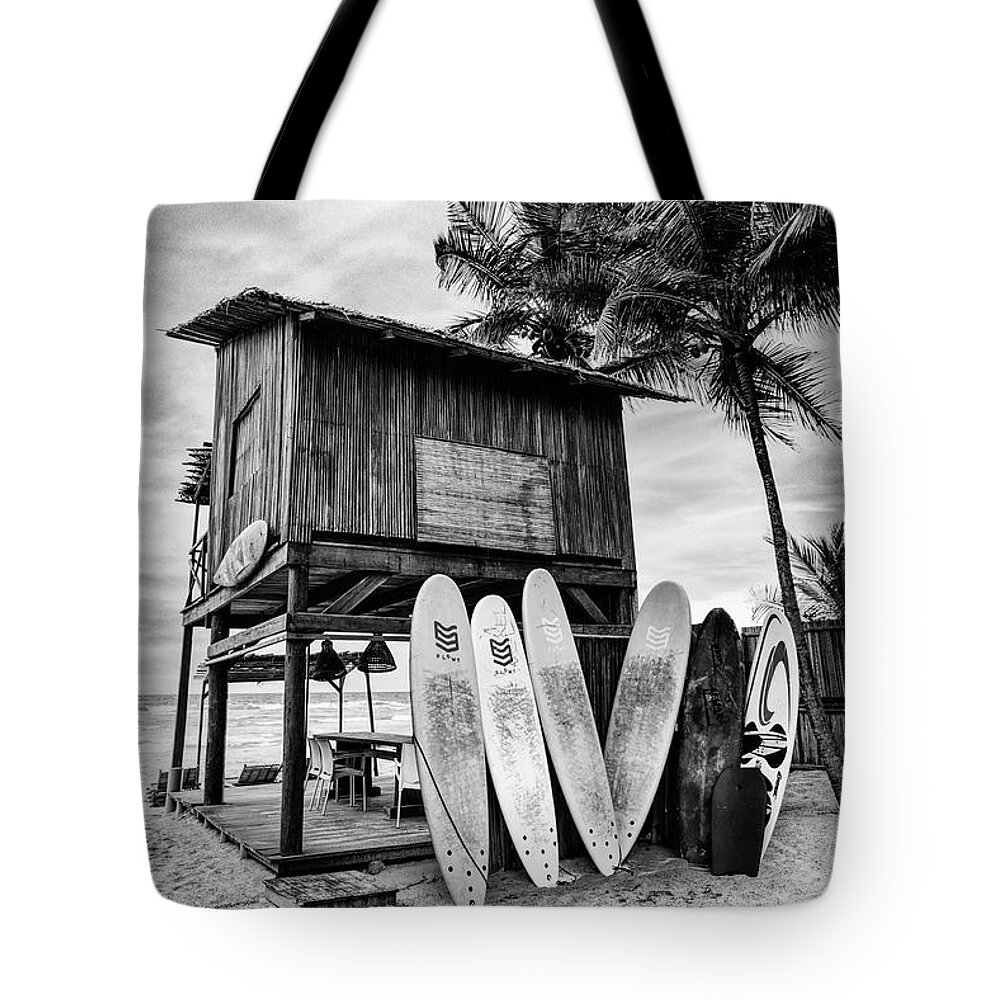 African Tote Bag featuring the photograph Summer Surf Shack Black and White by Debra and Dave Vanderlaan