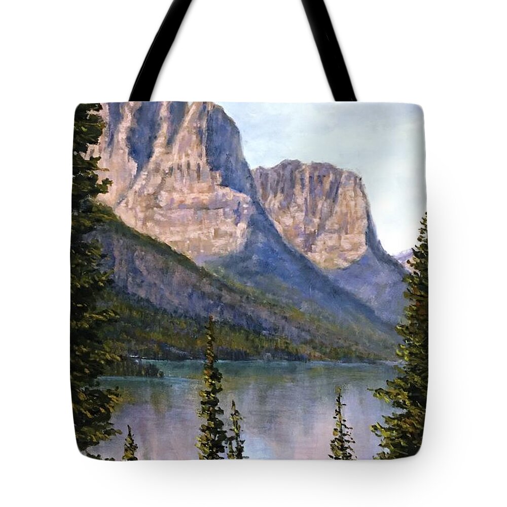 Glacier National Park Tote Bag featuring the pastel Sun Point View by Lee Tisch Bialczak