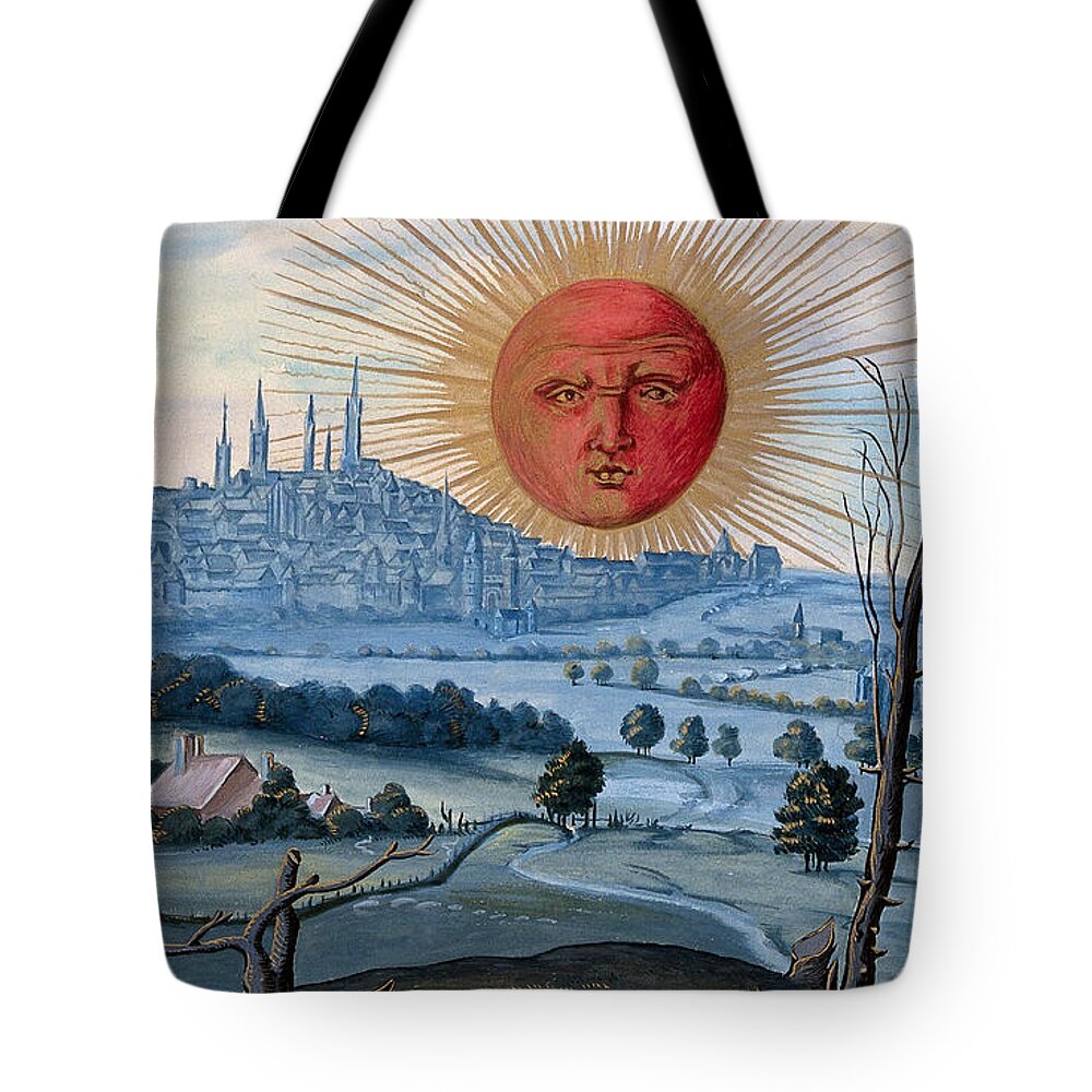 16th Century Art Tote Bag featuring the drawing Sun Rising over the City, from Splendor Solis, circa 16th century by Anonymous