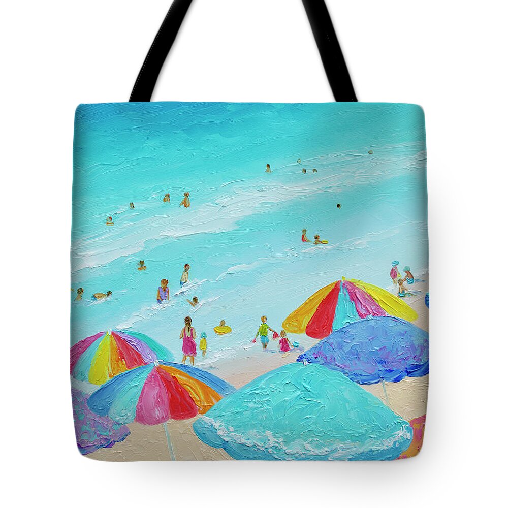 Beach Tote Bag featuring the painting Sun, sand, surf and summer breezes, beach scene by Jan Matson