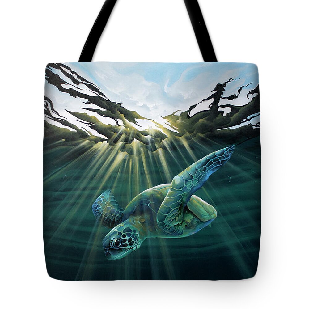 Sea Turtle Tote Bag featuring the painting Sun Seeker by William Love
