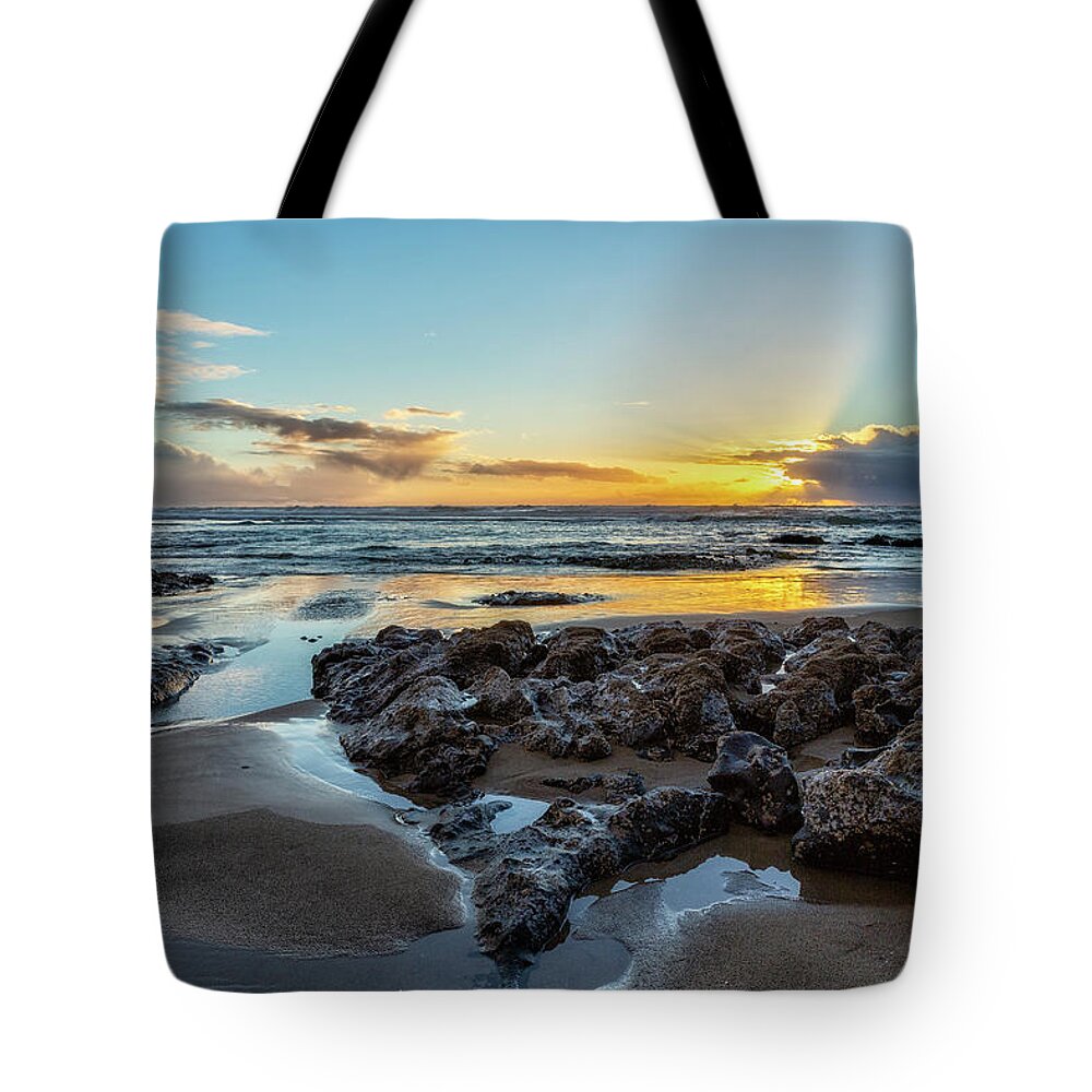 Sunset Tote Bag featuring the photograph Sun Setting at the Heceta Head Lighthouse Beach by Belinda Greb