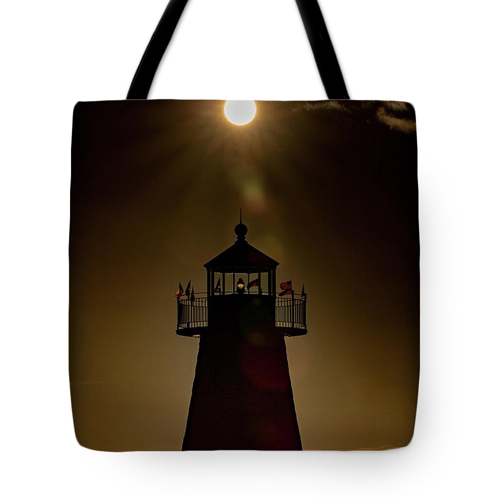 Massachusetts Tote Bag featuring the photograph Sunbeams Over Lighthouse by Denise Kopko