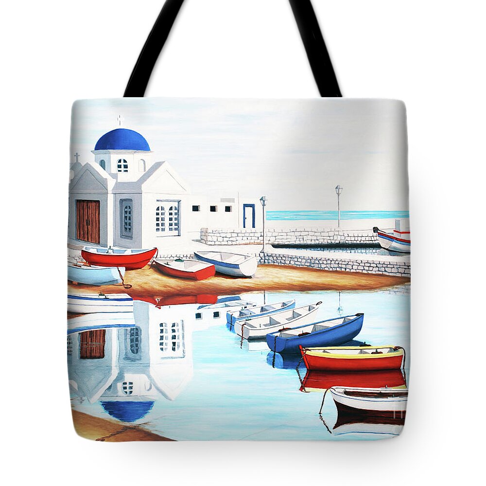 Mykonos Tote Bag featuring the painting SUNDAY MORNING, MYKONOS BAY - Prints of Oil Painting by Mary Grden