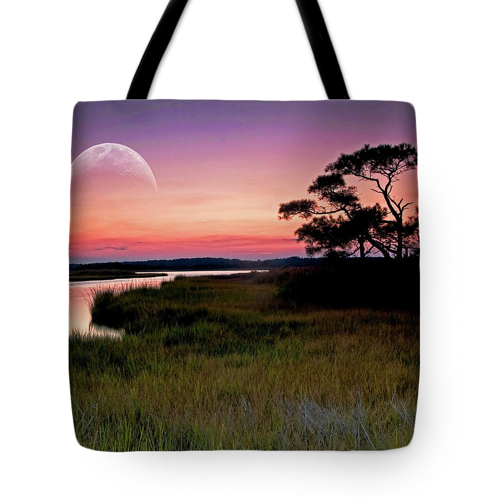 Bay Tote Bag featuring the photograph Moonrise over Assawoman Bay, Delaware by Bill Jonscher