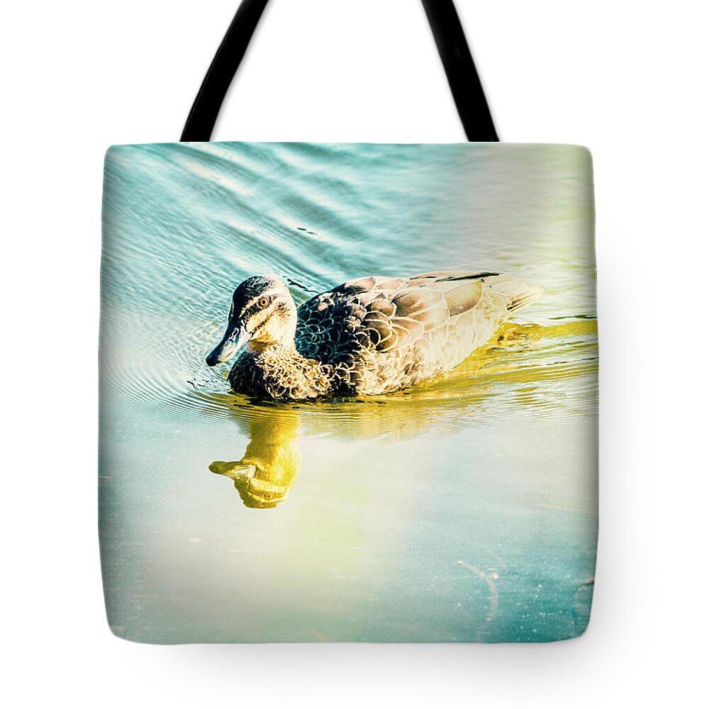 Duck Tote Bag featuring the photograph Sunflared duck lake by Jorgo Photography