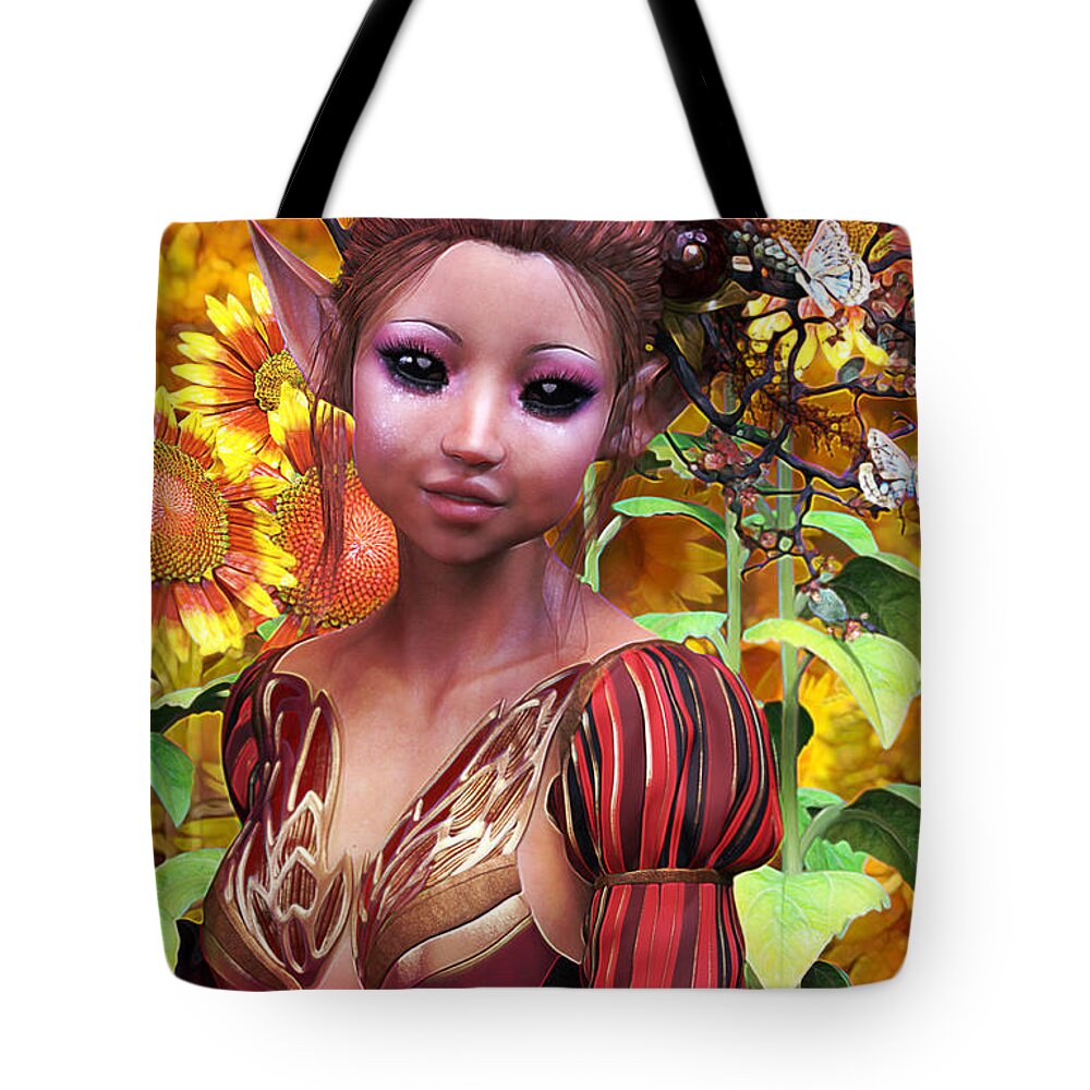 Fairy Tote Bag featuring the digital art Sunflower fairy poster by Suzanne Silvir