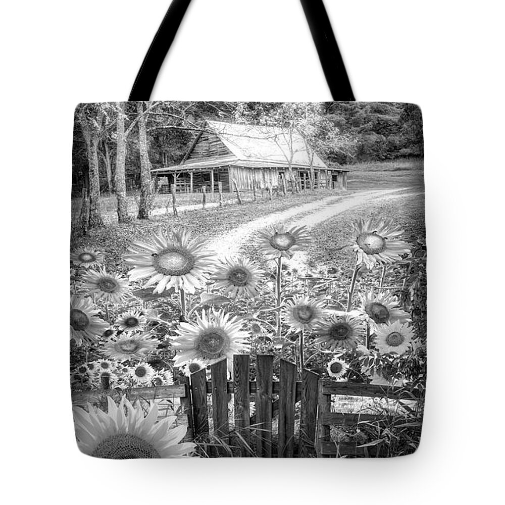 Barns Tote Bag featuring the photograph Sunflower Farm Barn Black and White by Debra and Dave Vanderlaan