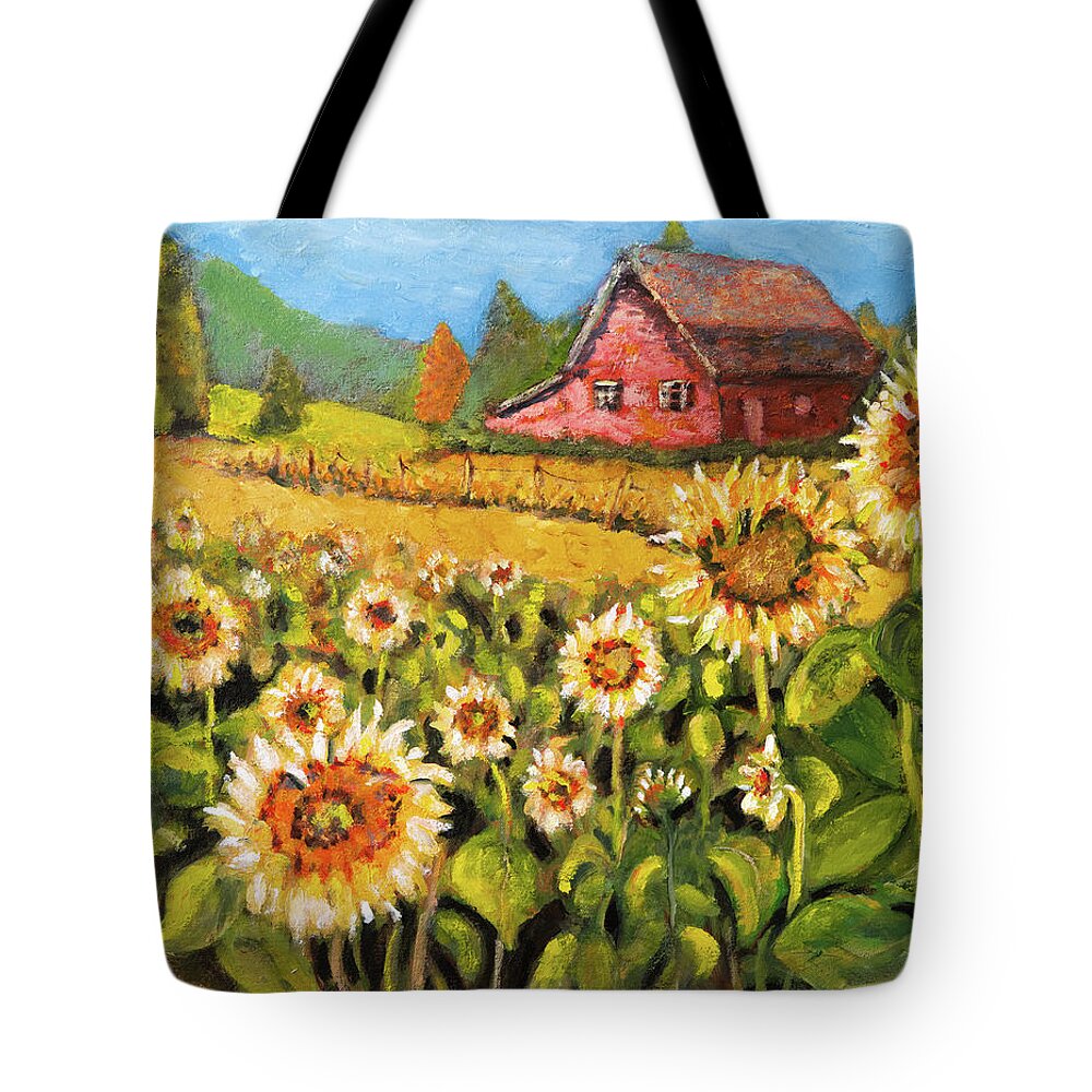Sunflowers Tote Bag featuring the painting Sunflower Field by Mike Bergen