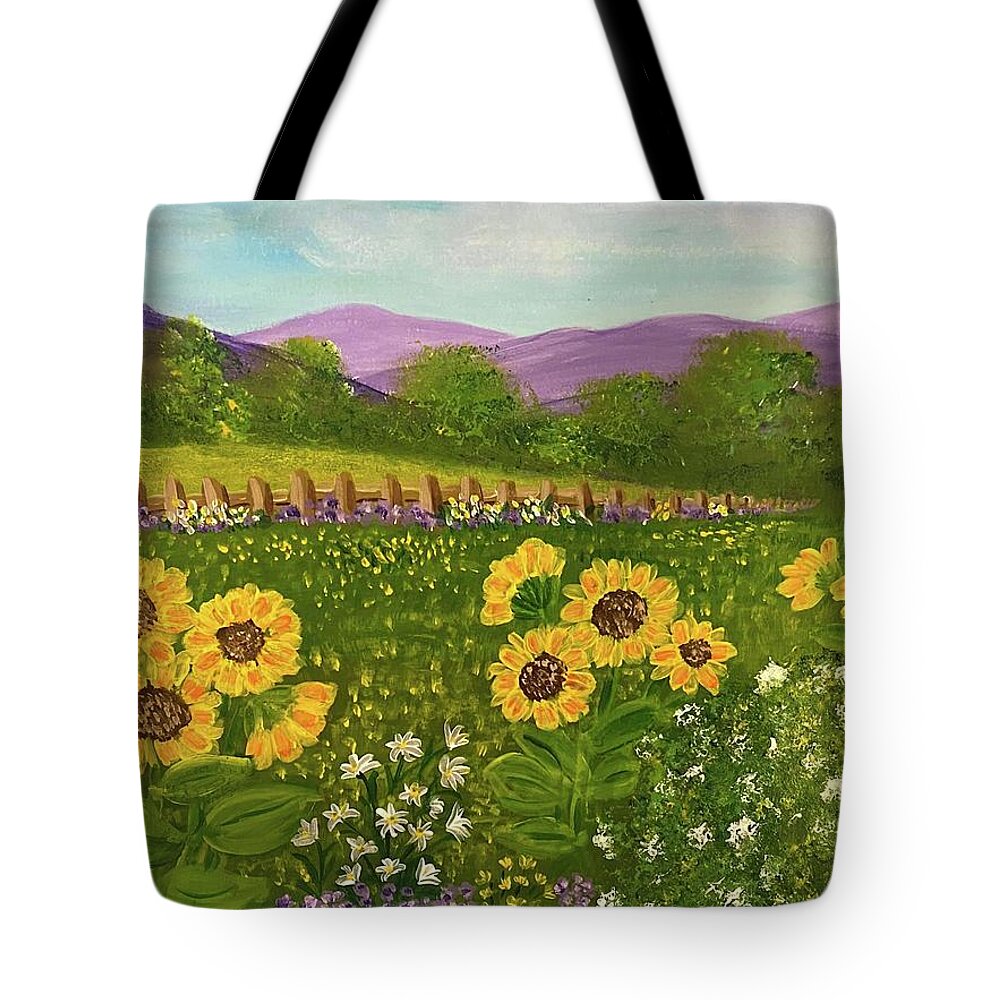 Mountains Tote Bag featuring the painting Sunflower Field by Nancy Sisco