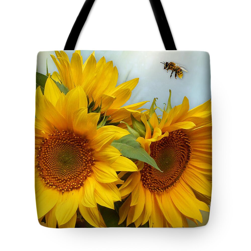 Sunflowers Tote Bag featuring the digital art Sunflowers and Bumble Bee by Morag Bates