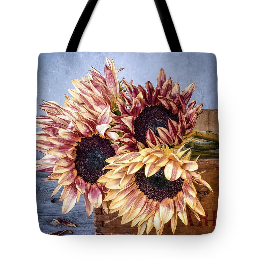 Sunflowers Tote Bag featuring the photograph Sunflowers and Crate 2 by Connie Carr