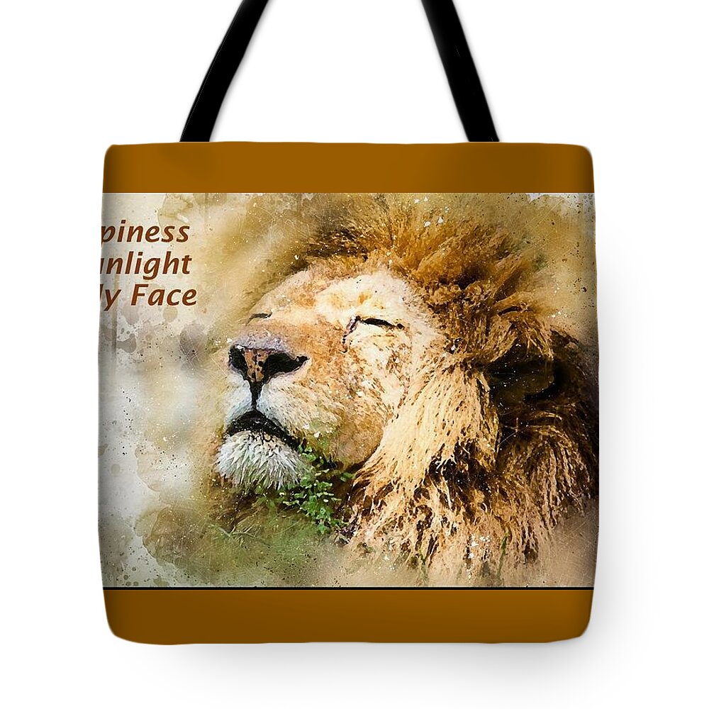 Lion Tote Bag featuring the mixed media Sunlight on My Face by Nancy Ayanna Wyatt