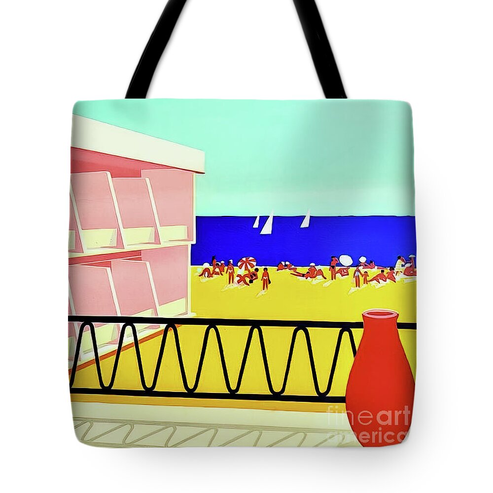 1960 Tote Bag featuring the drawing Sunny Beach Bulgaria Travel Poster 1960 by M G Whittingham