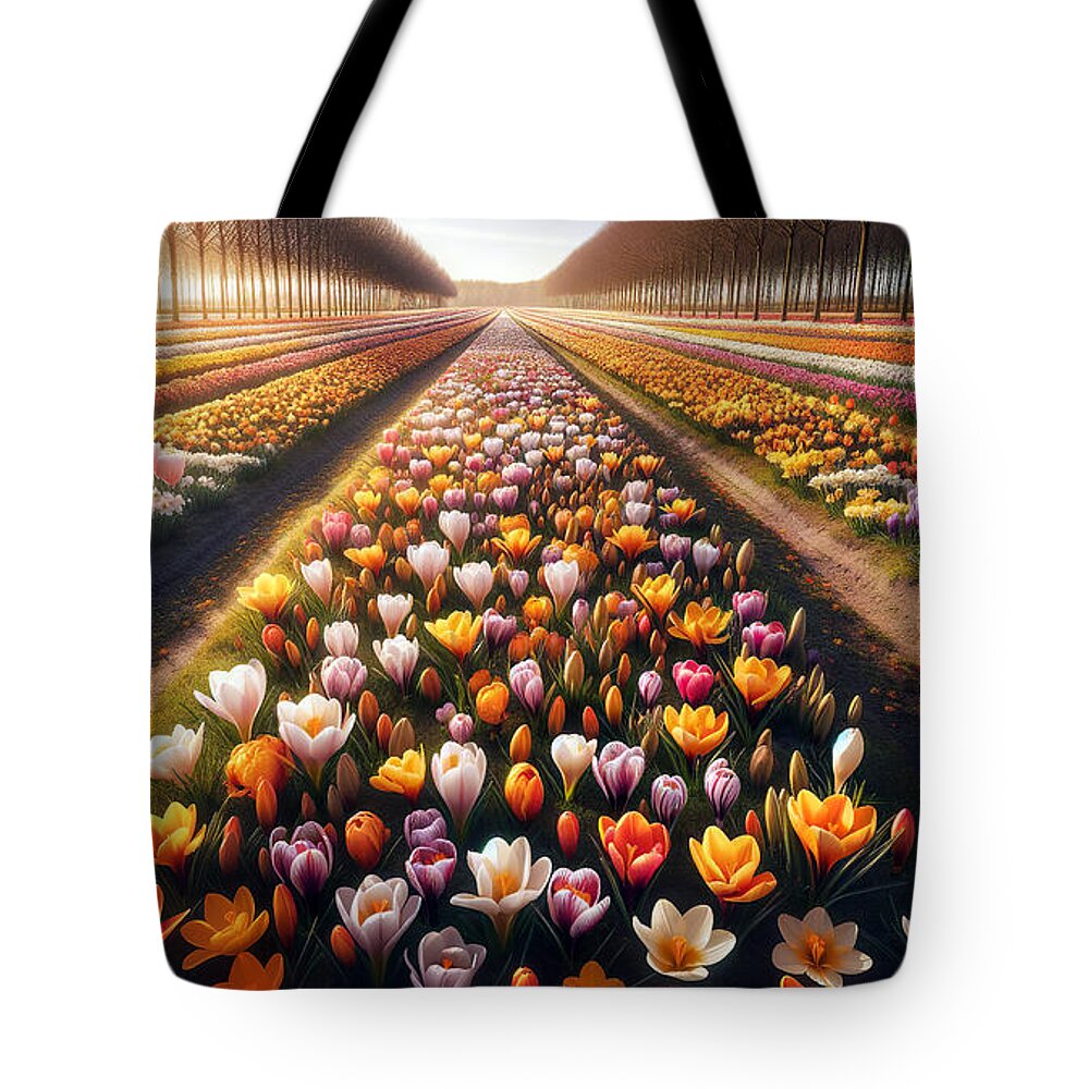 Tulips Tote Bag featuring the digital art Sunny rows of colorful tulips and crocuses in a blooming field, by Odon Czintos