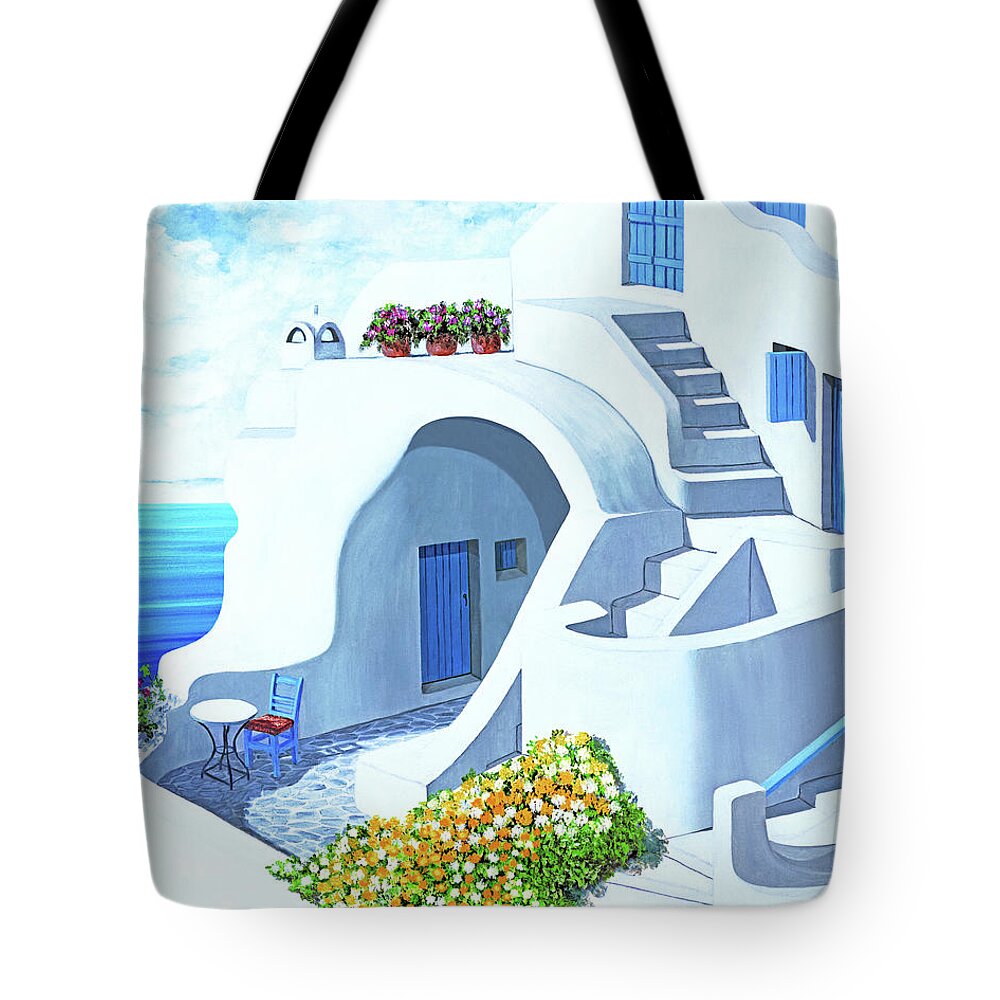 Santorini Tote Bag featuring the painting Sunny Santorini-prints of Oil Painting by Mary Grden