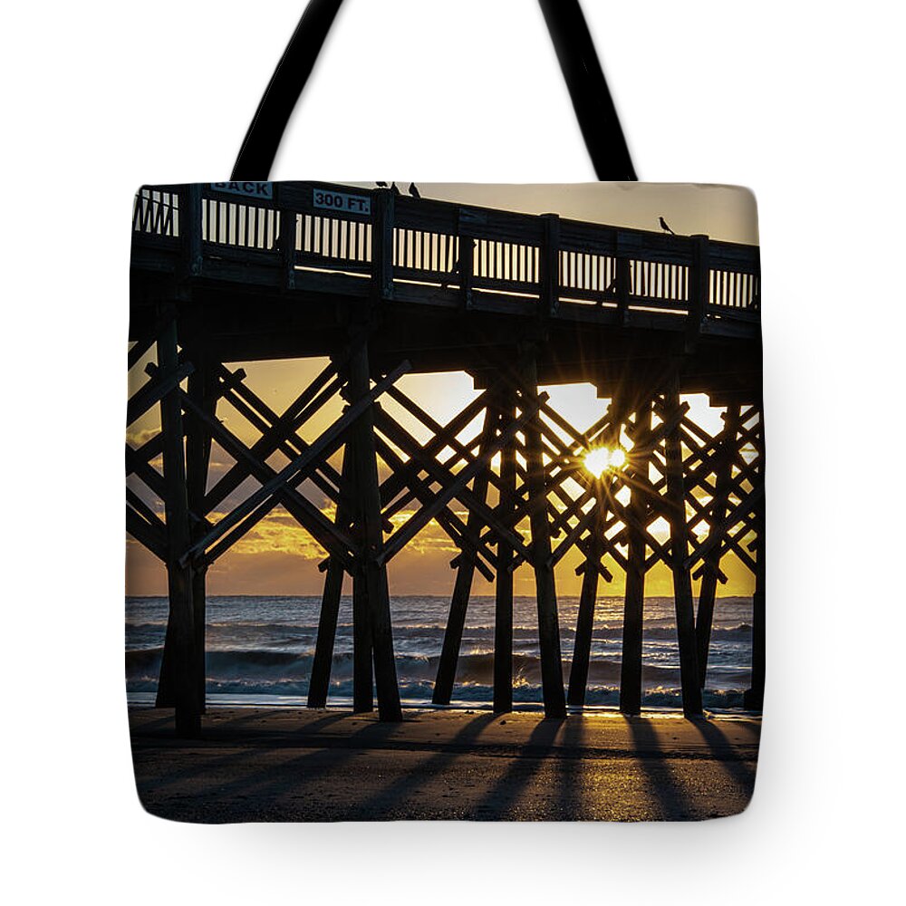 Folly Beach Tote Bag featuring the photograph Sunrise and Shadows at Folly Beach by Douglas Wielfaert