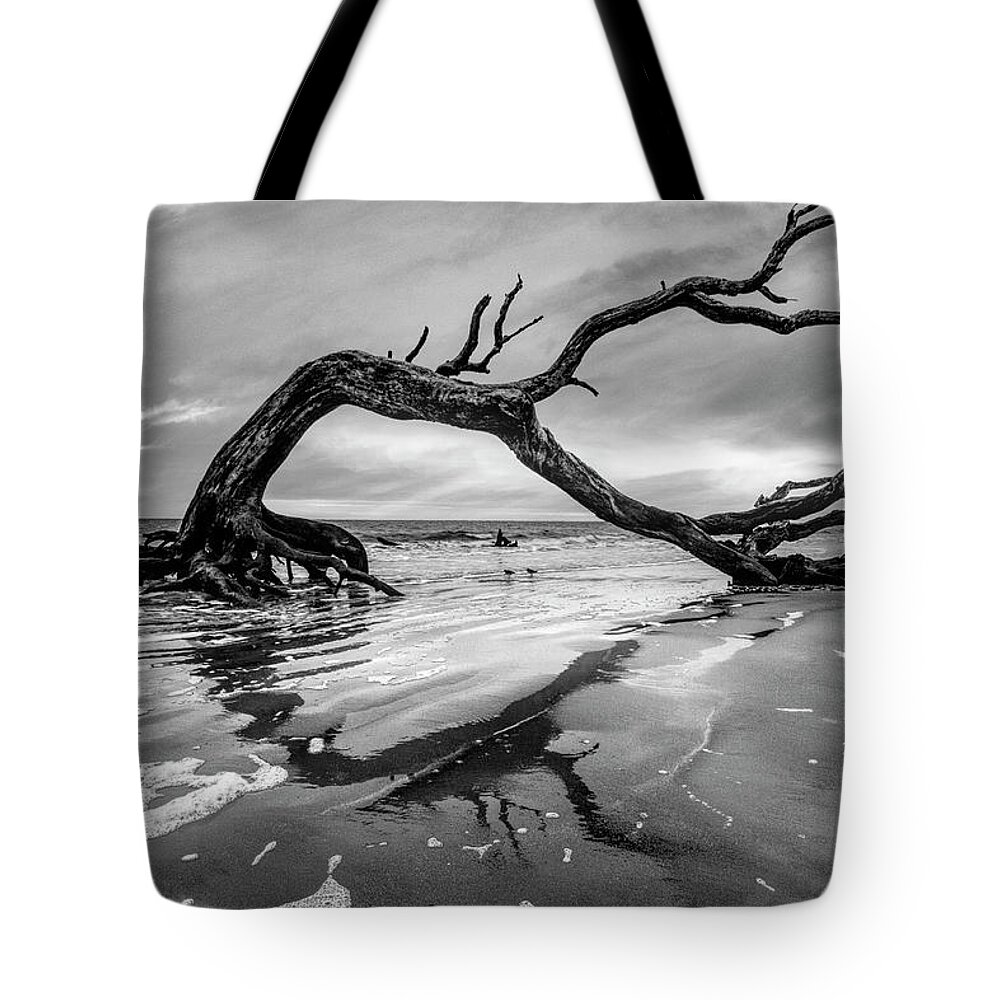 Jekyll Tote Bag featuring the photograph Sunrise Arch at Jekyll Island Black and White by Debra and Dave Vanderlaan